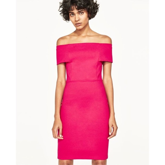 NWOT Zara Off Shoulder Fuchisia/Hot Pink Dress - Picture 1 of 11